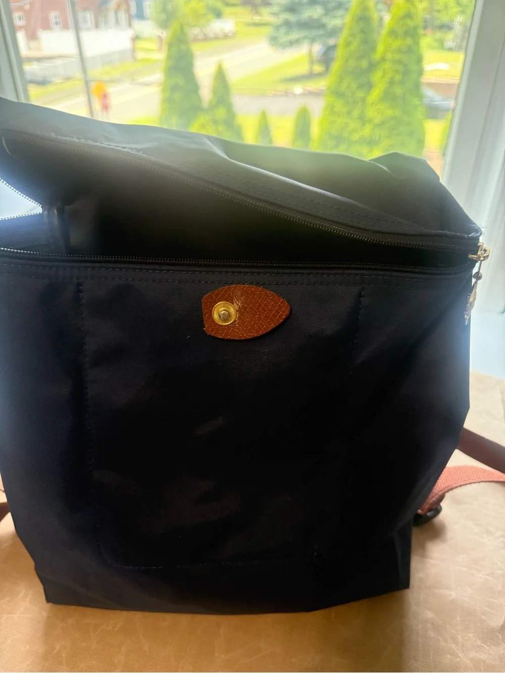 Longchamp Navy Nylon Backpack with Brown Leather Flap